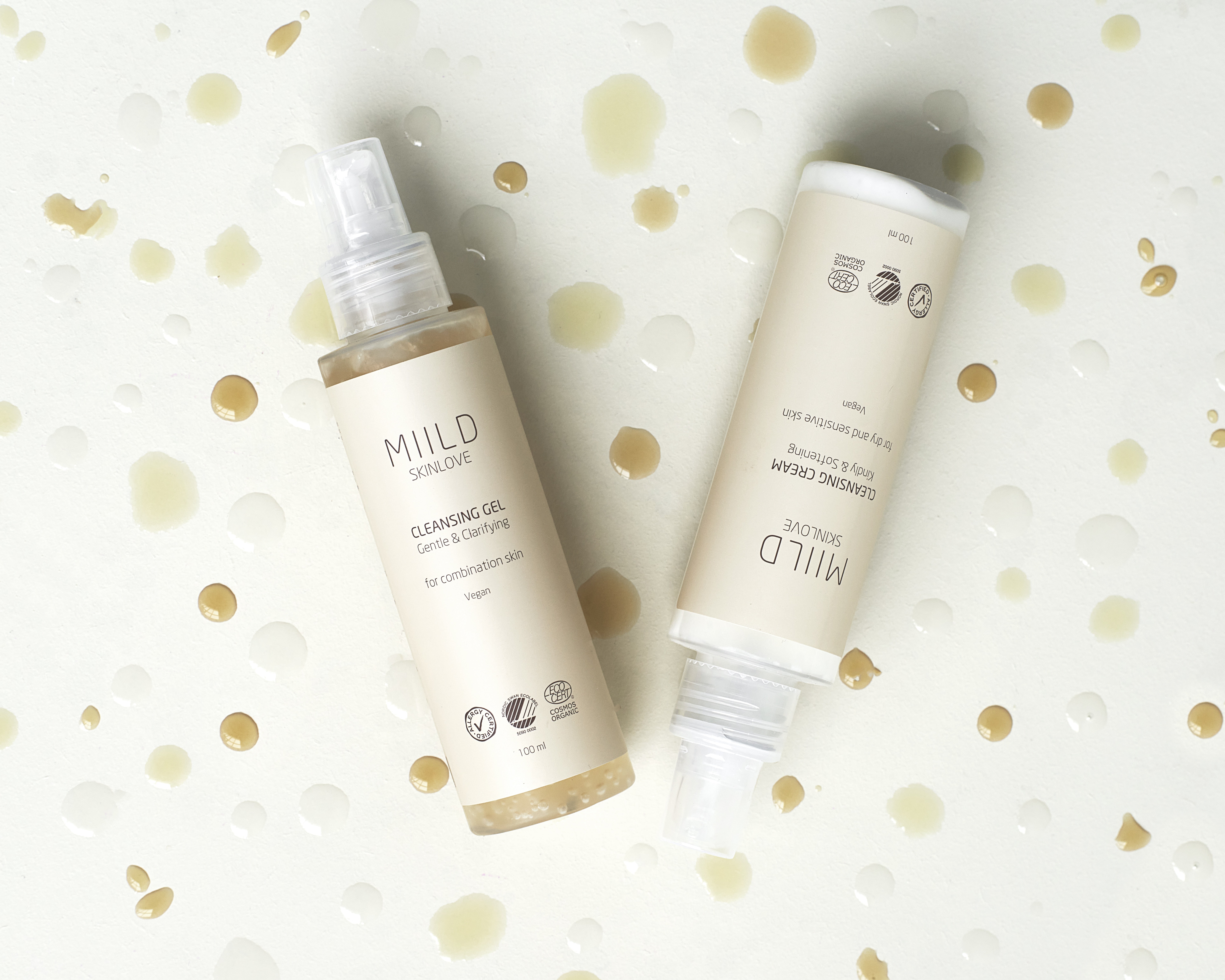 Billede af de to rense produkter i skinlove serien, Cleansing Cream og Cleansing Gel. Miild har to, så det er nemt at finde den rigtige til din hudtype. 